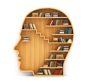 Concept of training. Wooden bookshelf in form of man head. Science about human. Psychology. A human have more knowledge.